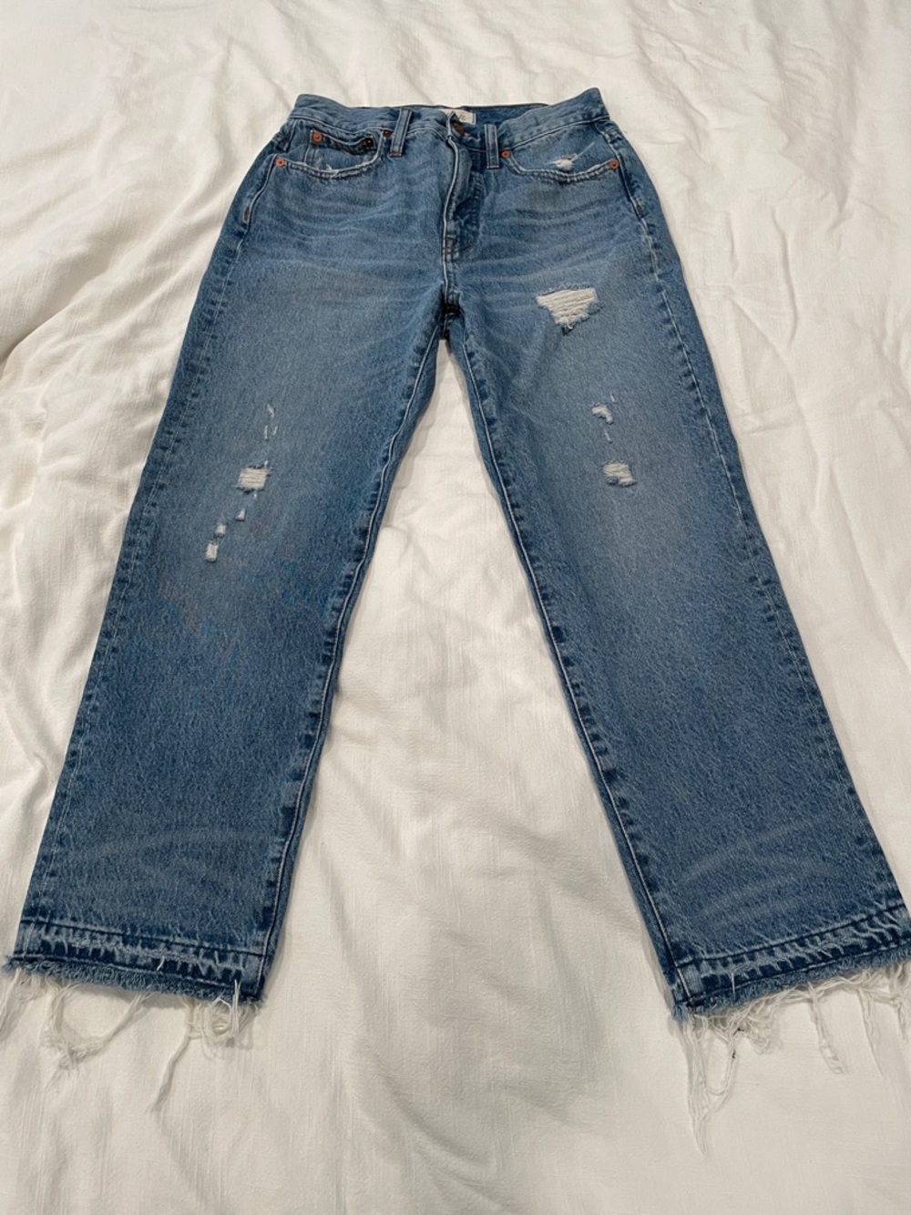 Madewell Distressed Light Blue Straight-Leg Jeans Size 27 with Frayed Hem